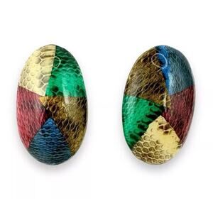 Vintage Multicolored Snakeskin Oval Chunky 80’s Style Pierced Earrings